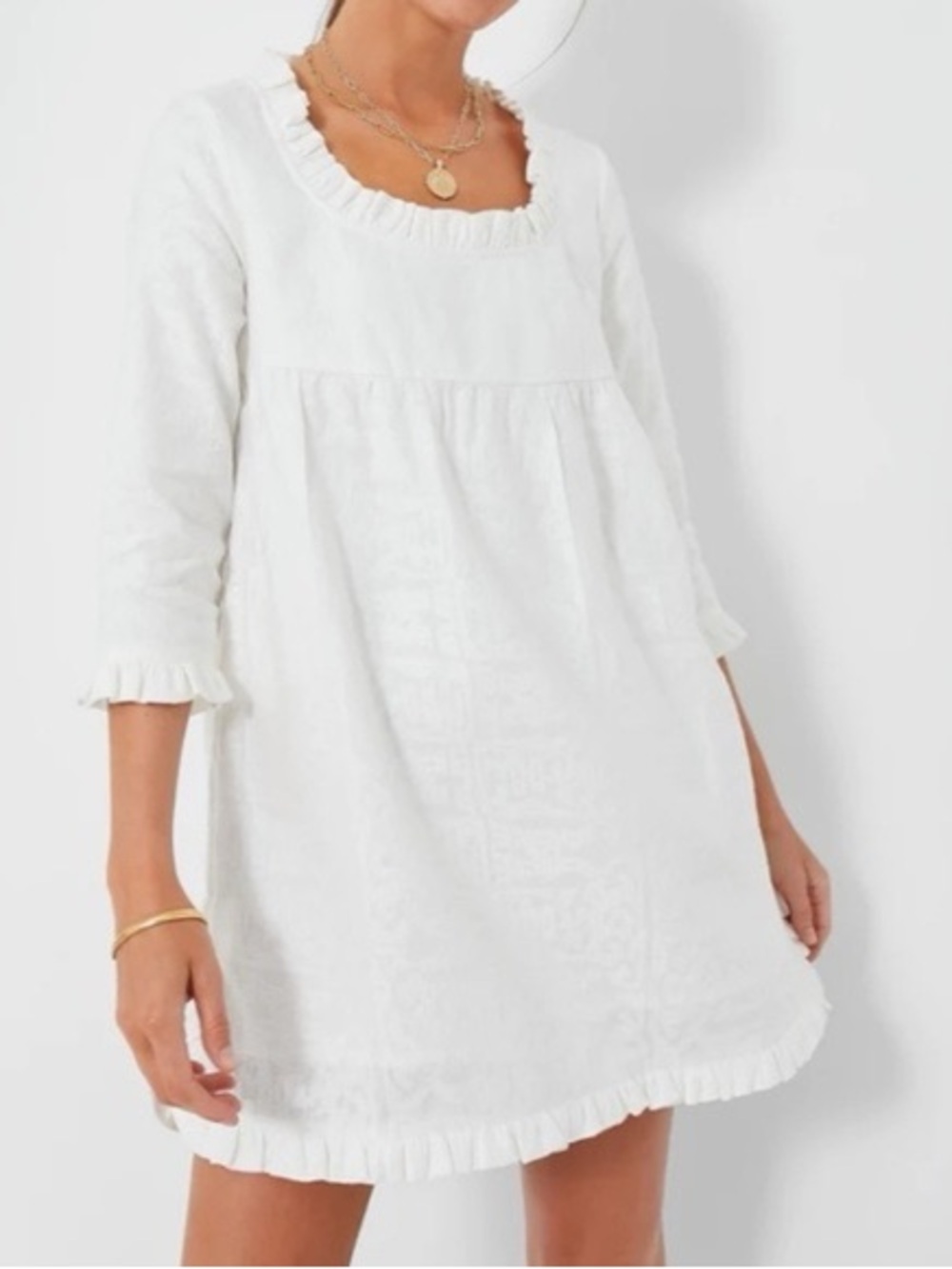 Tuckernuck White Jacquard Ruffle Mini Dress | Size Small